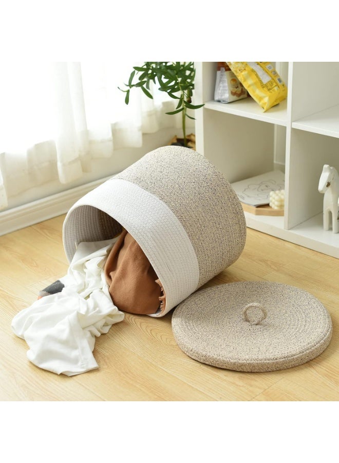 Woven Storage Basket With Lid - Large Cotton Rope Laundry Hamper - Round Cover for Nursery Baby Toy Organizers - Blanket Holder for Living Room, Bedroom Home Decor 16"D x 14"H - Image 3